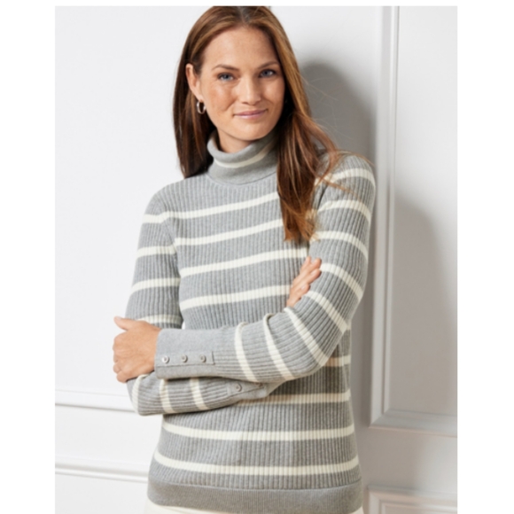 Talbots Sweaters - Talbots Ribbed Turtleneck Metallic Stripe Gray Sky Sweater Stretchy Size Large